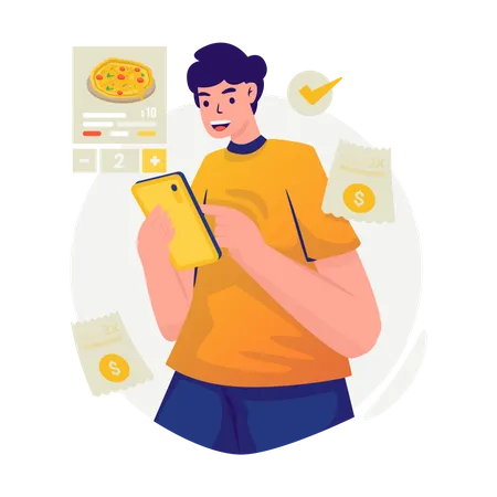 A Man Enters The Number Of Ordering Pizza Online Illustration Illustration