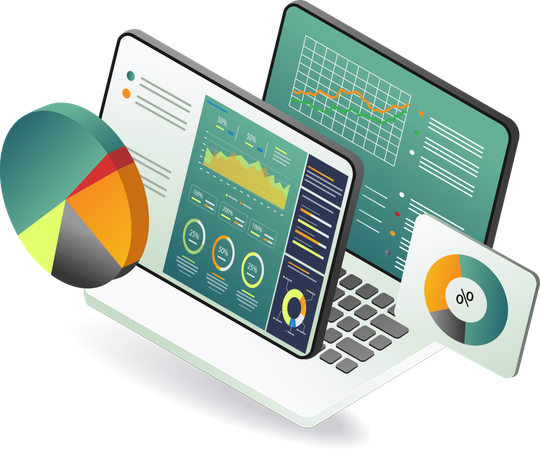 Ordinateur portable affichant des données d'analyse avec des graphiques à secteurs et des graphiques  Illustration