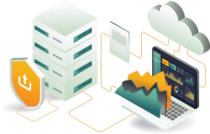 Ordinateur portable avec analyse de données dans le cloud  Illustration