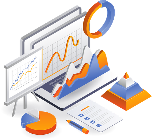 Ordinateur portable avec analyse de données et plan d'affaires  Illustration