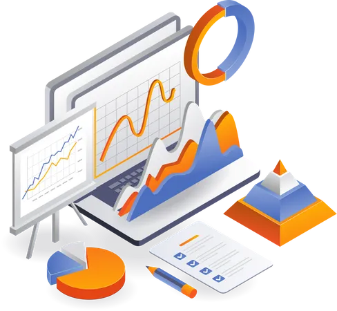 Ordinateur portable avec analyse de données et plan d'affaires  Illustration