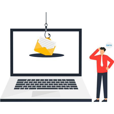 Ordinateur portable avec e-mail accroché, homme concerné, bulle de données Illustration