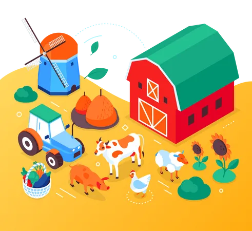 Organic Farming Modern Colorful Isometric Web Banner With Copy Space For Text Agriculture Idea Illustration With Crop Windmill Sunflowers Pig Barn Rooster Sheep Tractor Cow Haystacks Illustration