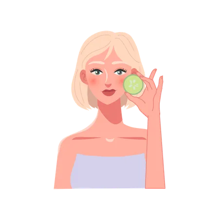 Organic Skincare Concept Facial Treatment With Cucumber Patch Womans Portrait With Cucumber Patch Illustration