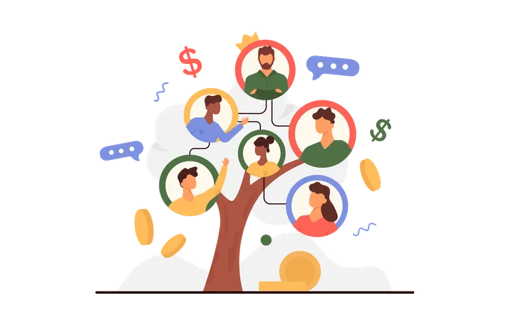 Organization Of Teamwork In Corporate Team Management And Development Of Work Groups Employees In Circle Portraits On Company Tree Branches Building Cooperation Metaphor Cartoon Vector Illustration Illustration