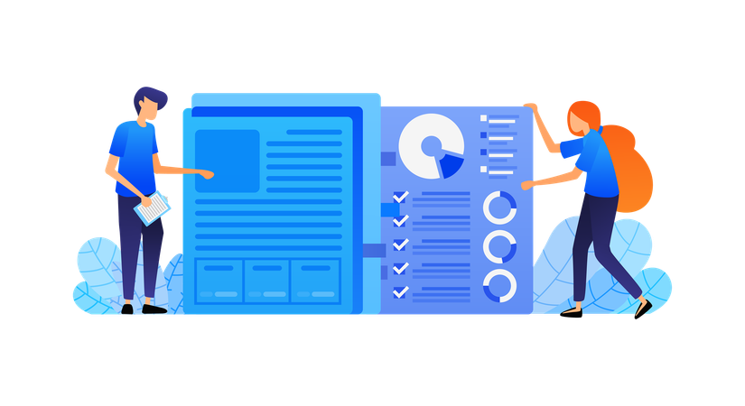 Organize and tidy up paper documents of company's financial data chart into folder for administration  Illustration