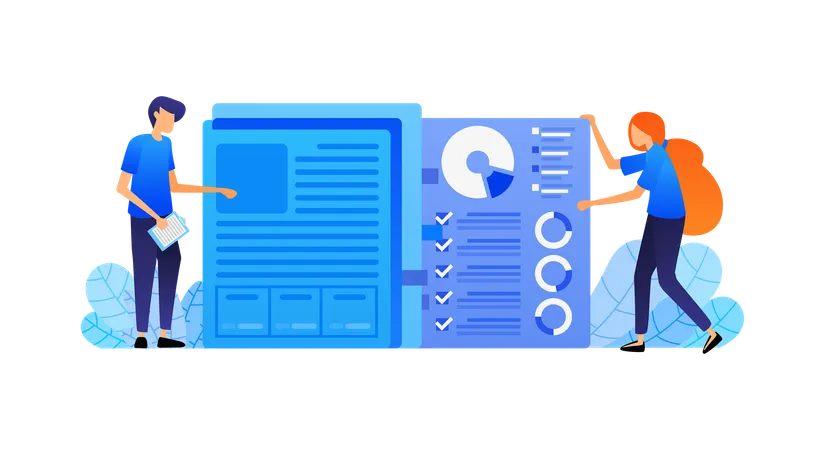 Organize and tidy up paper documents of company's financial data chart into folder for administration  Illustration