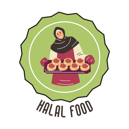 Oriental woman holds a festive hot halal pastry on a baking sheet  Illustration