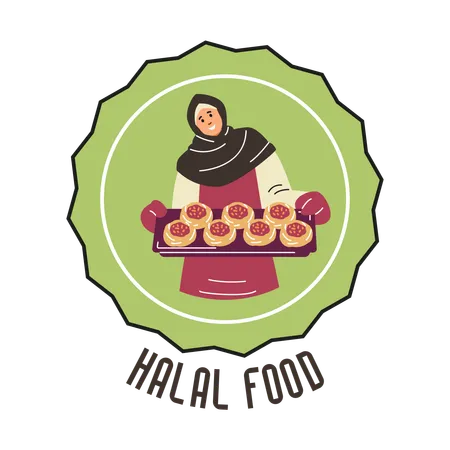 Oriental woman holds a festive hot halal pastry on a baking sheet  Illustration