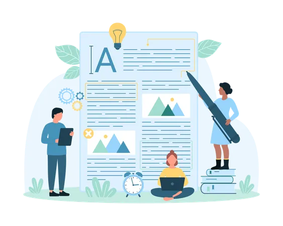 Original Content Creation And Development Storytelling And Copywriting Vector Illustration Cartoon Tiny Copywriters Create And Edit Article With Pen People Edit Text Online With Creative Ideas イラスト