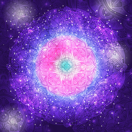 Ornamental floral ethnic mandala on purple galaxy background Illustration