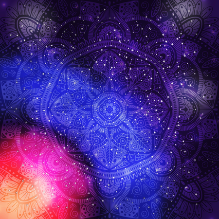 Ornamental floral ethnic mandala on purple galaxy background  Illustration