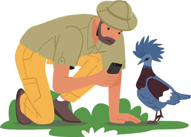 Ornithologue masculin apprenant le mode de vie des oiseaux  Illustration