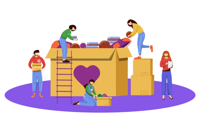 Orphanage Donation Flat Vector Illustration Volunteers Community Isolated Cartoon Characters On Purple Background Young People Donating School Supplies For Poor Children Philanthropy Concept Illustration