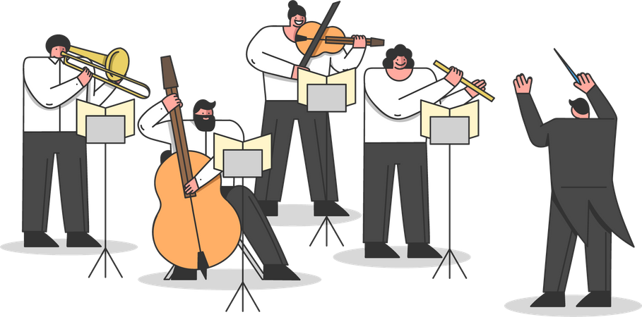 Músicos de la Orquesta Sinfónica tocando instrumentos musicales  Ilustración