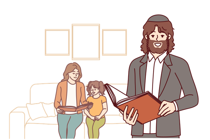 Orthodox jewish man with bible in hands stands near wife and daughter and holds book with prayers  Illustration