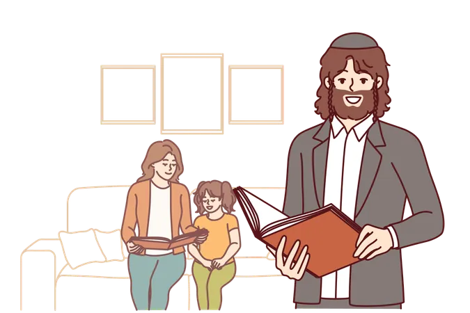 Orthodox Jewish Man Stands Near Wife And Daughter And Holds Bible Book With Prayers In Hands Religious Bearded Jewish Guy In Kippah Smiles And Looks At Screen Located In Apartment 일러스트레이션