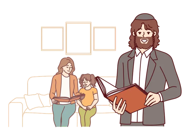 Orthodox jewish man with bible in hands stands near wife and daughter and holds book with prayers  Illustration