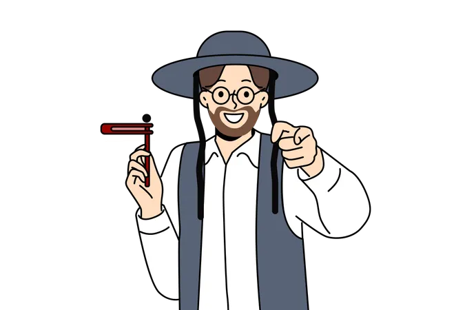 Orthodox jewish man with grager ratchet in hand points finger at screen  Illustration