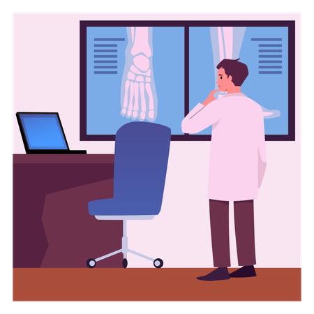 Orthopedic doctor examines x-ray images of foot in his office  Illustration