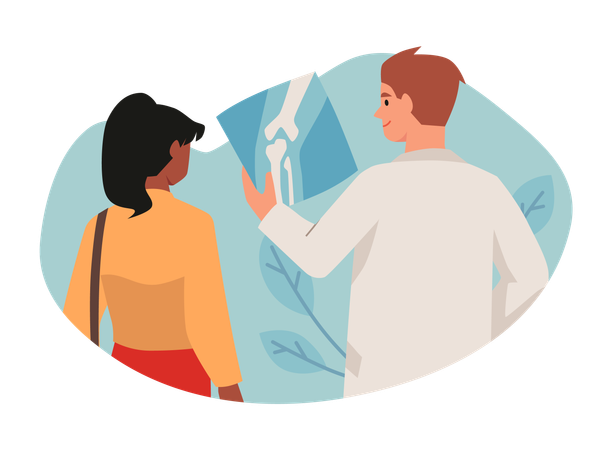 Orthopedic doctor examining xray pictures of joints knee leg in doctor office treatment and healthcare  Illustration
