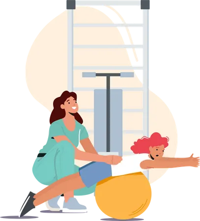 Patient Physiotherapy And Orthopedic Rehabilitation In Rehab Center Restoring Health After Illness And Injury Doctor Character Help To Little Girl Lying In Ball Cartoon People Vector Illustration Illustration