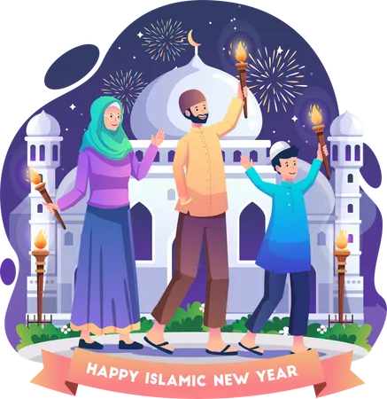 O Povo Muculmano Esta Celebrando O Ano Novo Islamico Realizando Um Desfile De Tochas Feliz Ano Novo Islamico Ou Ano Novo Hijri 1 Muharram Ilustracao Vetorial Em Estilo Simples Ilustração