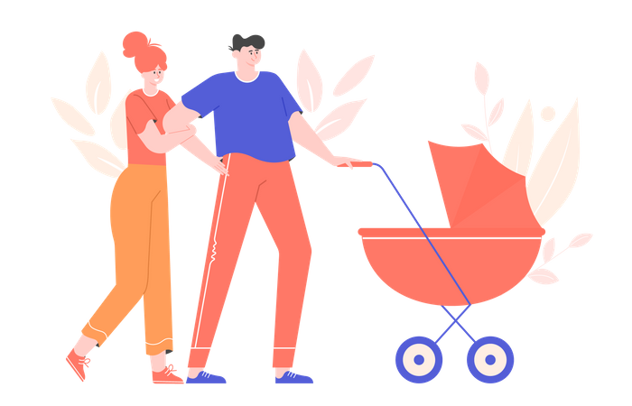 Os pais jovens estão andando com um carrinho  Ilustração