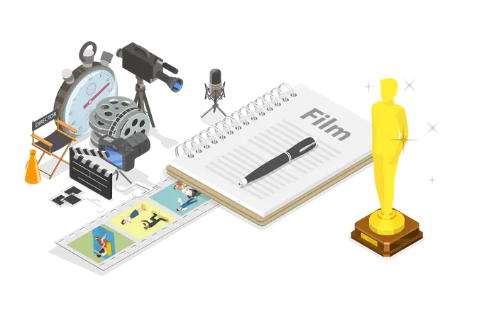 3 D Isometric Flat Vector Set Of Oscar Award Filmmaking And Cinematography Illustration