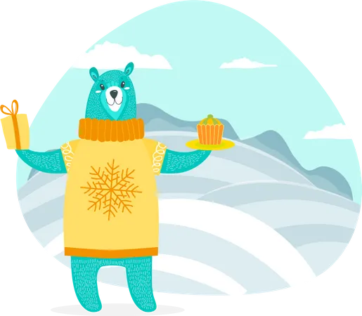 El oso disfruta de la temporada de invierno.  Ilustración