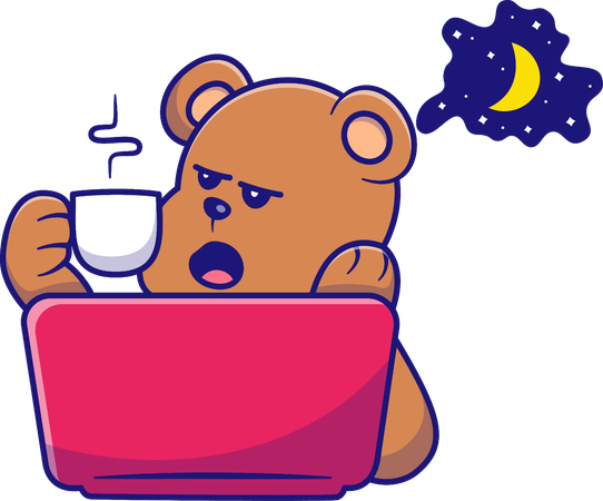 Oso grizzly trabajando con una computadora portátil y tomando café  Ilustración