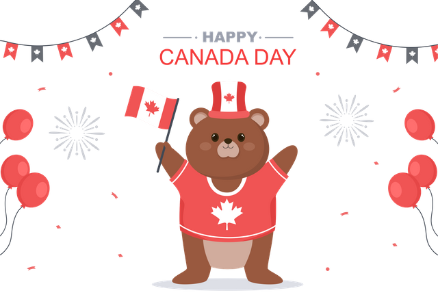 Oso haciendo feliz celebración del Día de Canadá  Ilustración