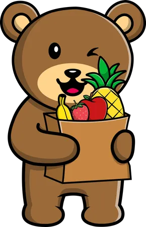 Oso Pardo Sosteniendo Bolsa De Fruta  Ilustración