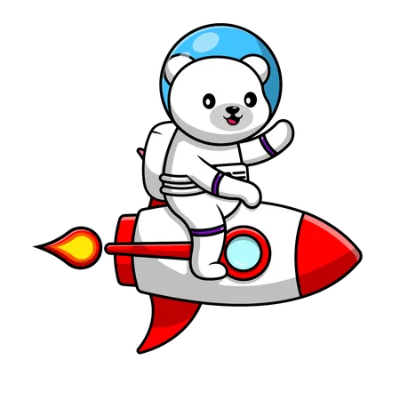 Astronauta del oso polar montando cohete y agitando la mano  Illustration