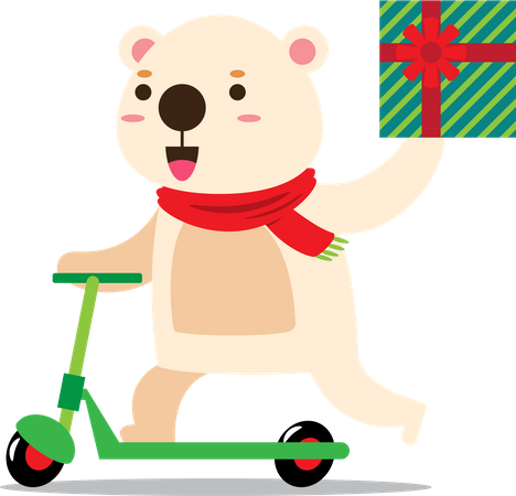 Oso polar con pañuelo rojo entregando regalo de Navidad  Ilustración