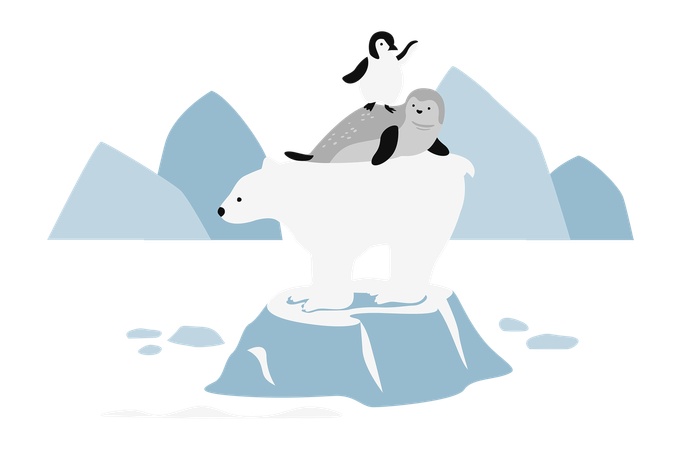 Oso polar, foca y pingüino sobre un iceberg derretido  Ilustración