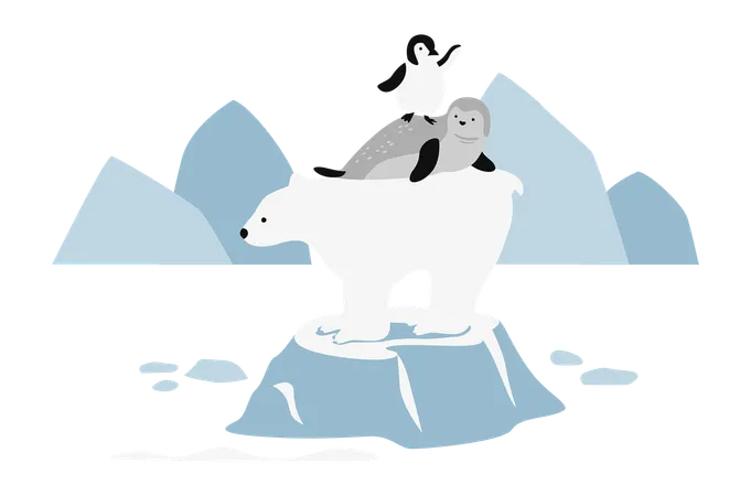 Oso polar, foca y pingüino sobre un iceberg derretido  Ilustración