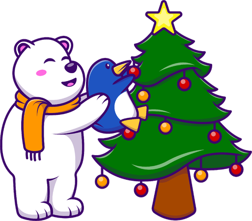 Oso polar y pingüino decorando el árbol de Navidad  Ilustración