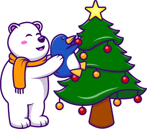 Oso polar y pingüino decorando el árbol de Navidad  Ilustración