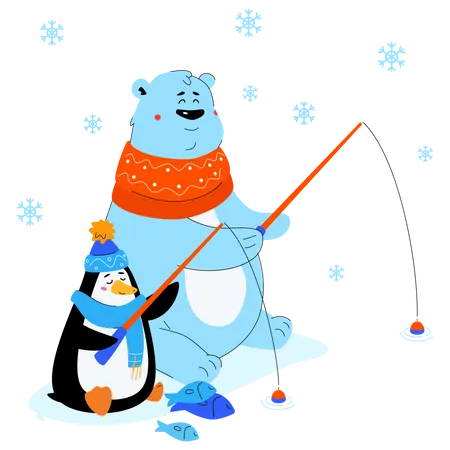 Pesca en hielo de osos polares y pingüinos  Ilustración