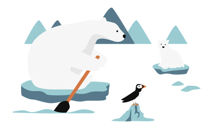 Oso polar y su bebé sentados sobre el hielo derritiéndose en el mar  Ilustración