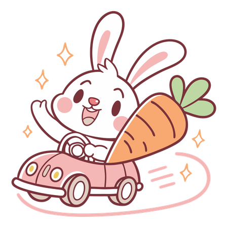 Osterhase fährt ein kleines Karottenauto  Illustration
