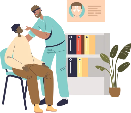 Otolaryngologist Doctor Checking Patient Nose Illness During Checkup Visit In Medical Clinic Otolaryngology Medicine And Healthcare Concept Cartoon Flat Vector Illustration Illustration