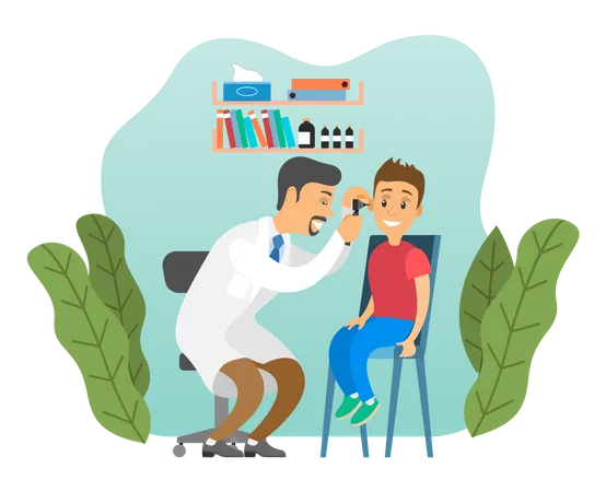 The Otolaryngologist Looks At The Child Doctor And Kid Characters On Medical Examination ENT Holds The Boy By The Head To Check His Ear Otolaryngologist And Little Patient Doing Hearing Test Illustration