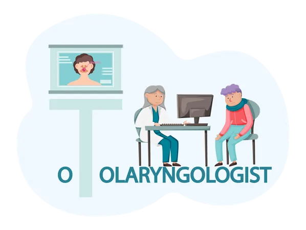 Otolaryngologist examining young patient in clinic. Medical treatment and healthcare concept  Illustration
