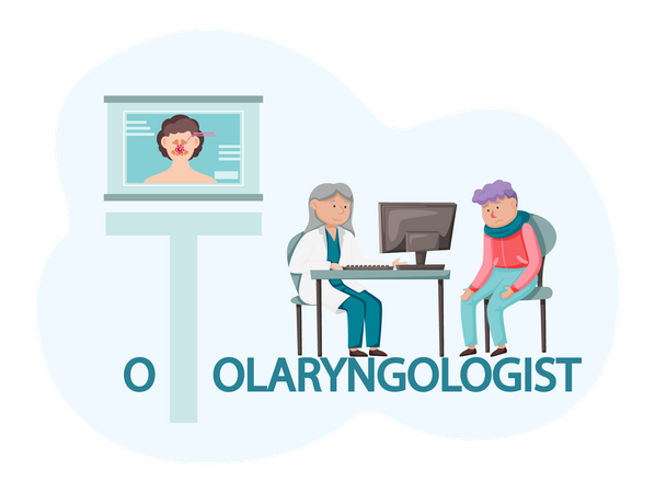 Otolaryngologiste examinant un jeune patient en clinique. Concept de traitement médical et de soins de santé  Illustration