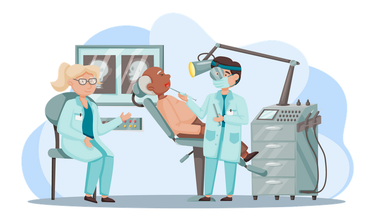 Médico de otologia com paciente. Medicina de saúde otorrinolaringológica ou doenças otorrinolaringológicas  Ilustração