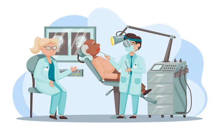 Médico de otologia com paciente. Medicina de saúde otorrinolaringológica ou doenças otorrinolaringológicas  Ilustração