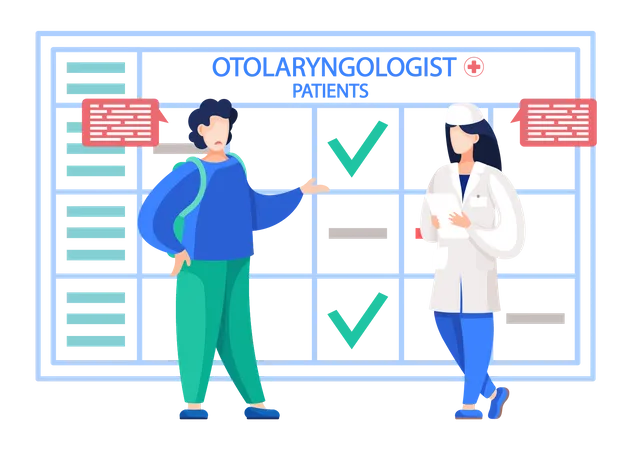 Otolaryngologist Doctor With Nose Ear And Throat Or ENT Diagnostic And Treatment Instruments Otology Doctor With Patient Otorhinolaryngology Healthcare Medicine Or Otolaryngology Diseases Illustration