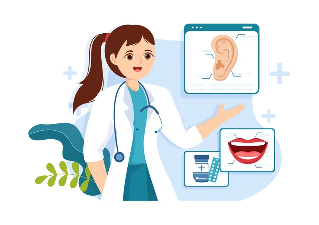 Otorhinolaryngologist Illustration With Medical Relating To The Ear Nose And Throat In Healthcare Flat Cartoon Hand Drawn Landing Page Templates Illustration